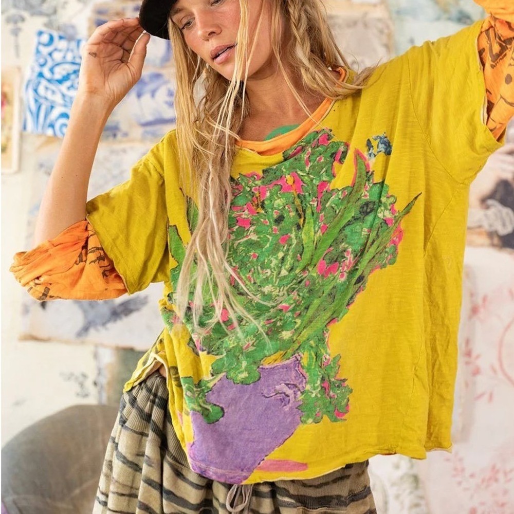 Magnolia Pearl Van Gogh Love Nature Short Sleeve Yellow Distressed Tee Shirt NWT - Picture 3 of 8
